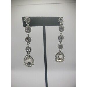 Vintage Silver Tone Clip On Teardrop Dangle Earrings Crystals Wedding Bride